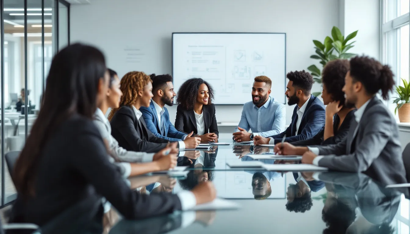 The image depicts a diverse team of professionals collaborating in a modern office environment, engaged in discussions around new projects and skill development. This scene reflects the importance of career advancement and professional growth in today's job market, where employees often consider job hopping or job hugging to navigate their career paths.